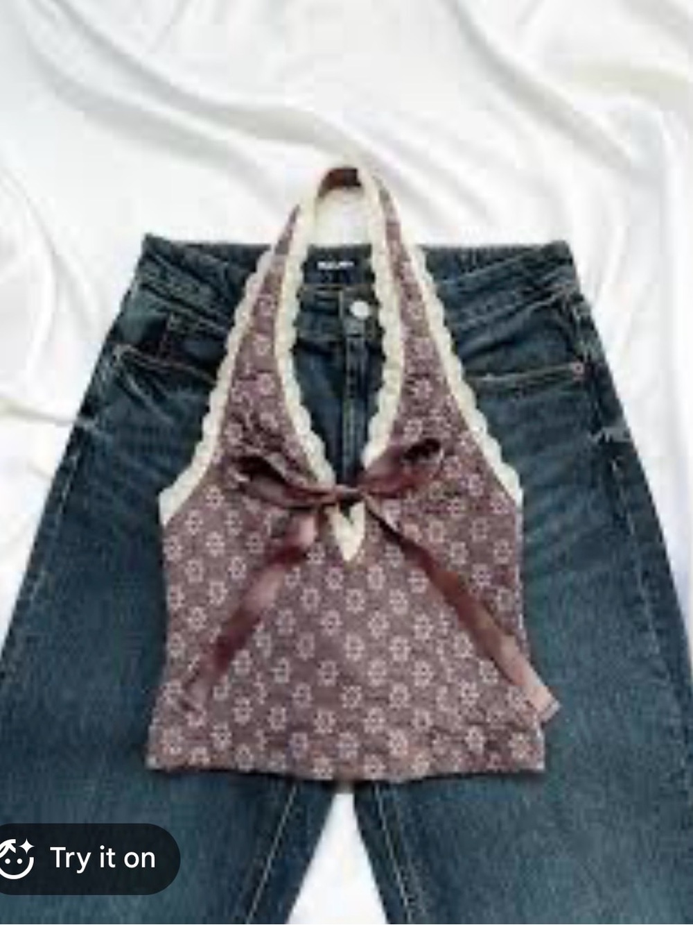 Urban outfitters Mauve Floral Knit Halter with Cream Lace Trim